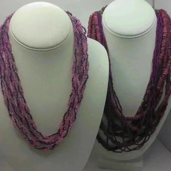 Pink & Purple Glass + Wood Beaded Necklace Set EUC - Picture 2 of 5